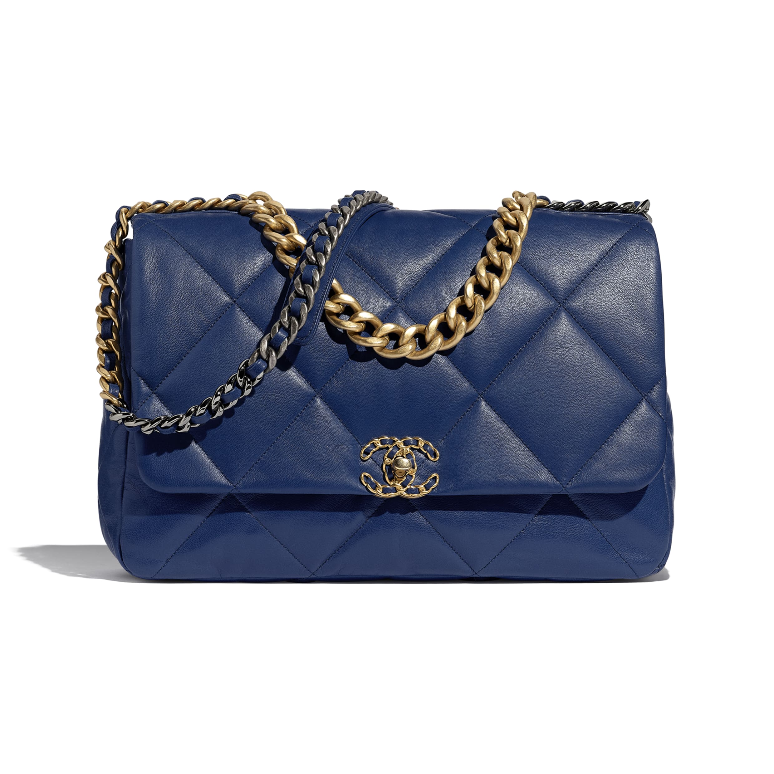CHANEL Goatskin Quilted Large Chanel 19 Flap Navy Blue 1250677